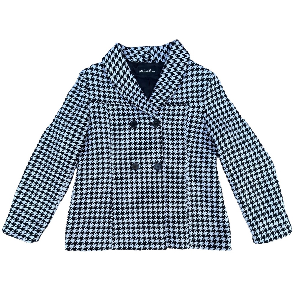 Vintage 90s Michael F Houndstooth Double Breasted Black White Coat
